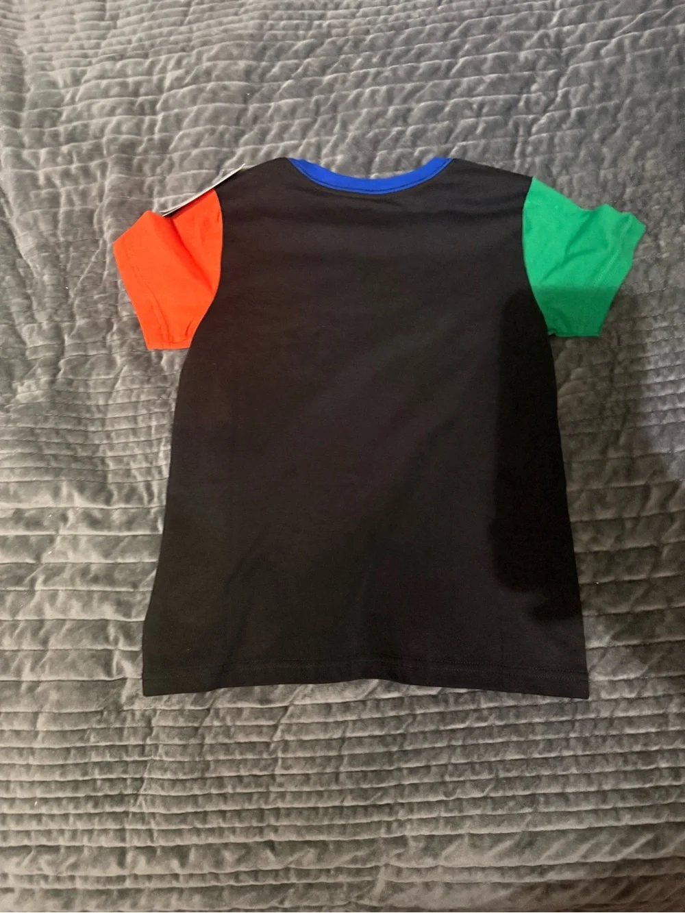 Ralph Lauren Black Tee with Multicolor Logo and Colorblock Sleeves
